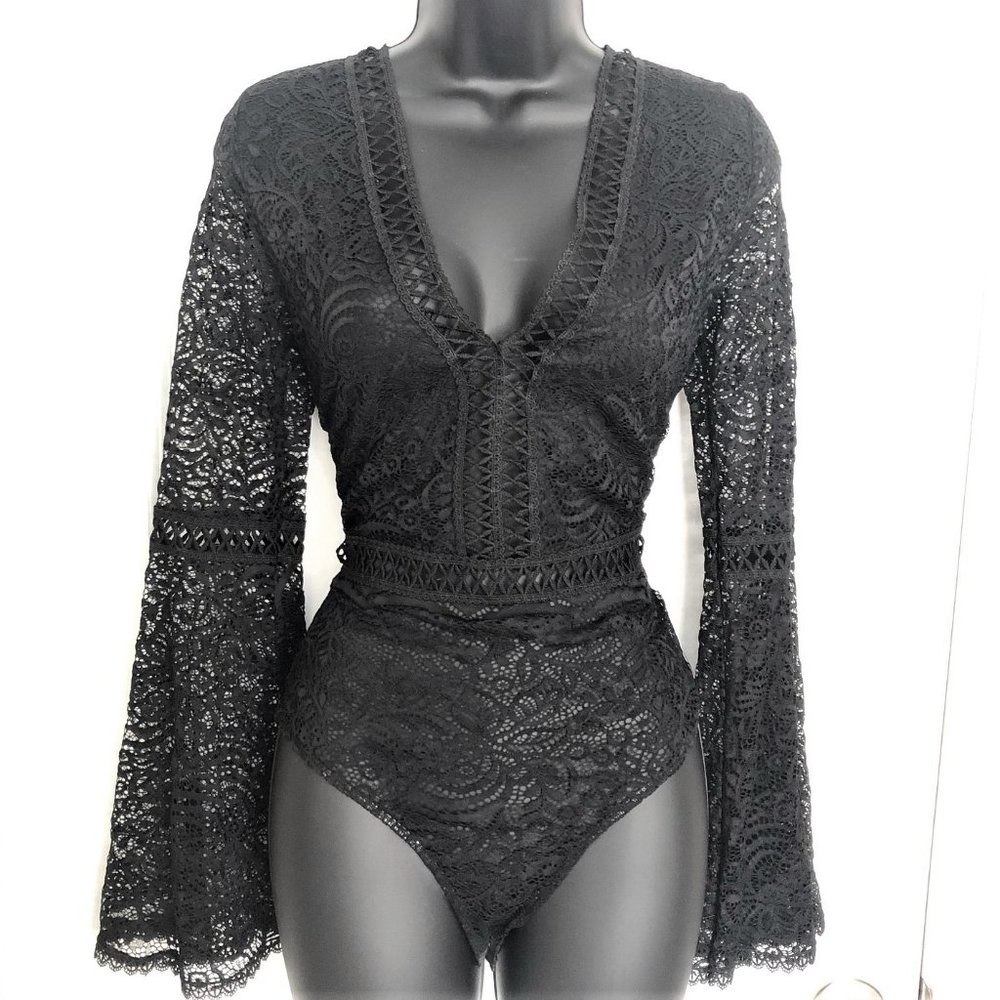 Elenza Long Bell Sleeve Bodysuit Black Lace
